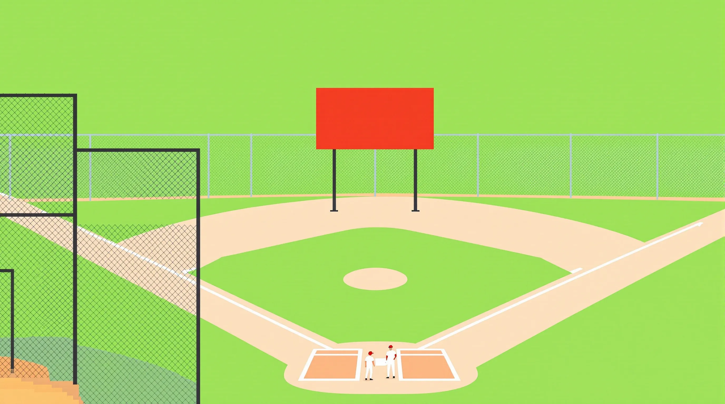 Flat 2D vector illustration of a baseball diamond with a small scoreboard display on the outfield fence