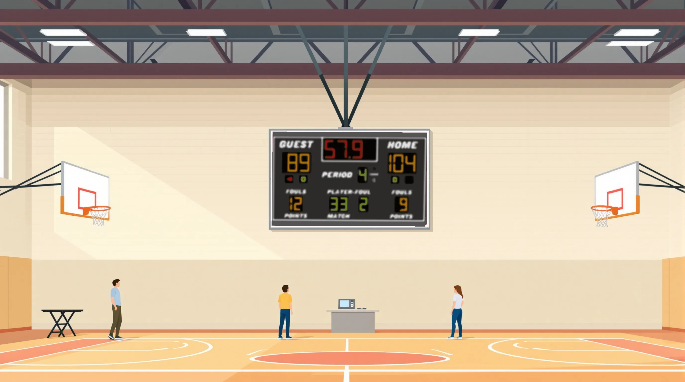 Flat 2D vector editorial illustration of an indoor school gymnasium, two adults near center court, small grey push-button console on folding table to one side