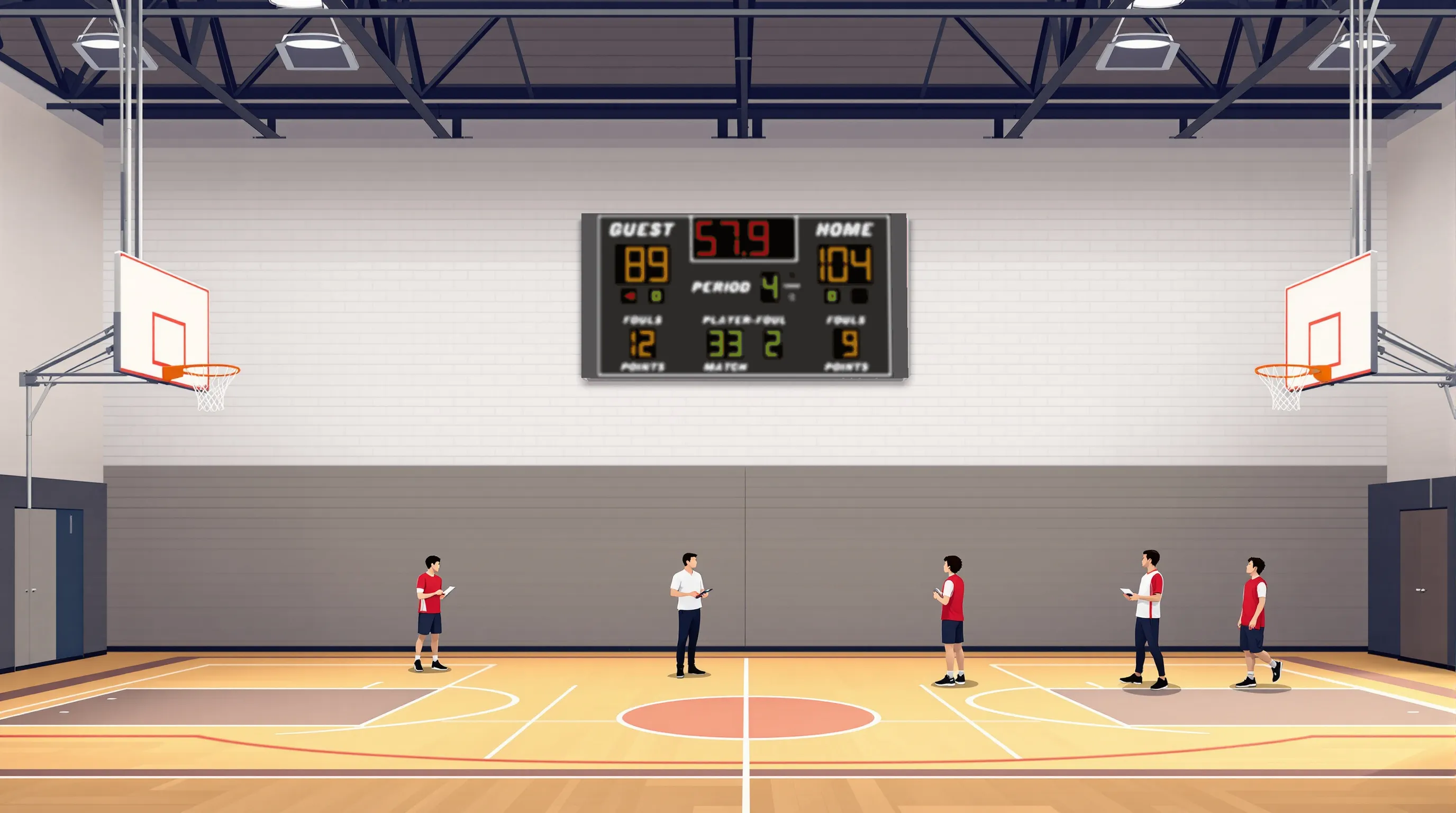 Flat 2D vector editorial illustration of a school gymnasium interior, with a scoreboard mounted high on the far end wall showing only a row of small glowing slots in amber light; two coaches stand at half court reviewing a clipboard while three players in practice jerseys run a drill in the background, the gym rendered in clean flat editorial colours with no readable text visible on any surface.