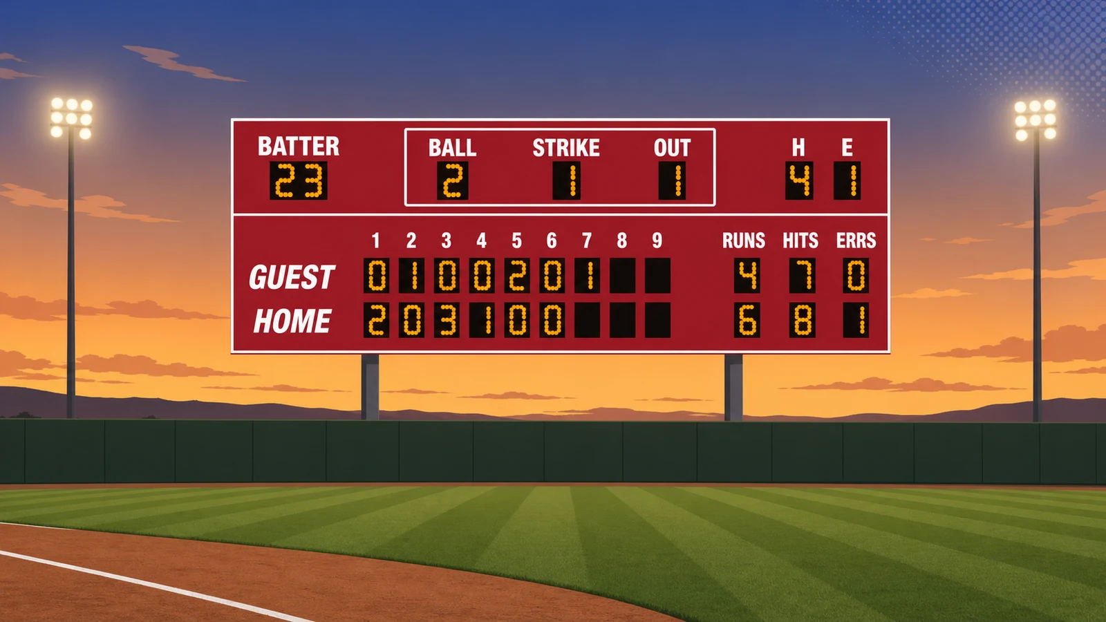 LED baseball scoreboard mounted above an outfield fence at a community baseball park at dusk, displaying game statistics in bright LED digits