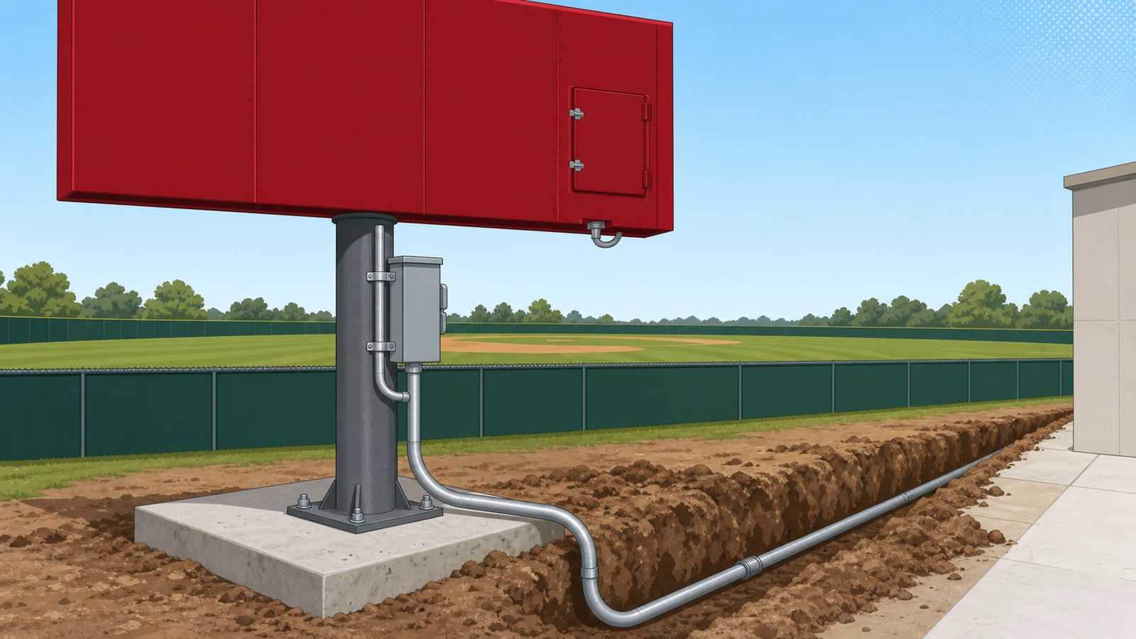 Electrical conduit installation at a baseball scoreboard foundation pad, showing the dedicated circuit and conduit routing that adds 25-40% to total LED scoreboard installation cost.