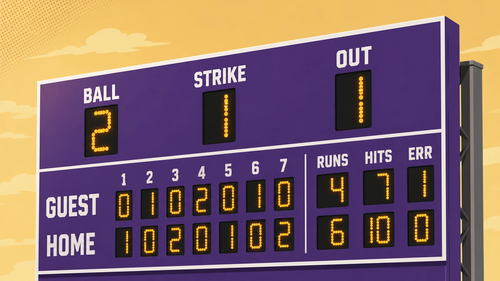 Close-up of louvered aluminum anti-glare hooding mounted over amber LED digit panels on an outdoor baseball scoreboard