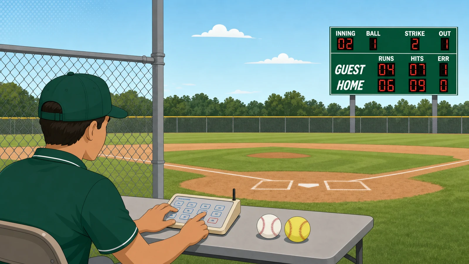 Wireless handheld controller used to operate a combined baseball and softball scoreboard from the field