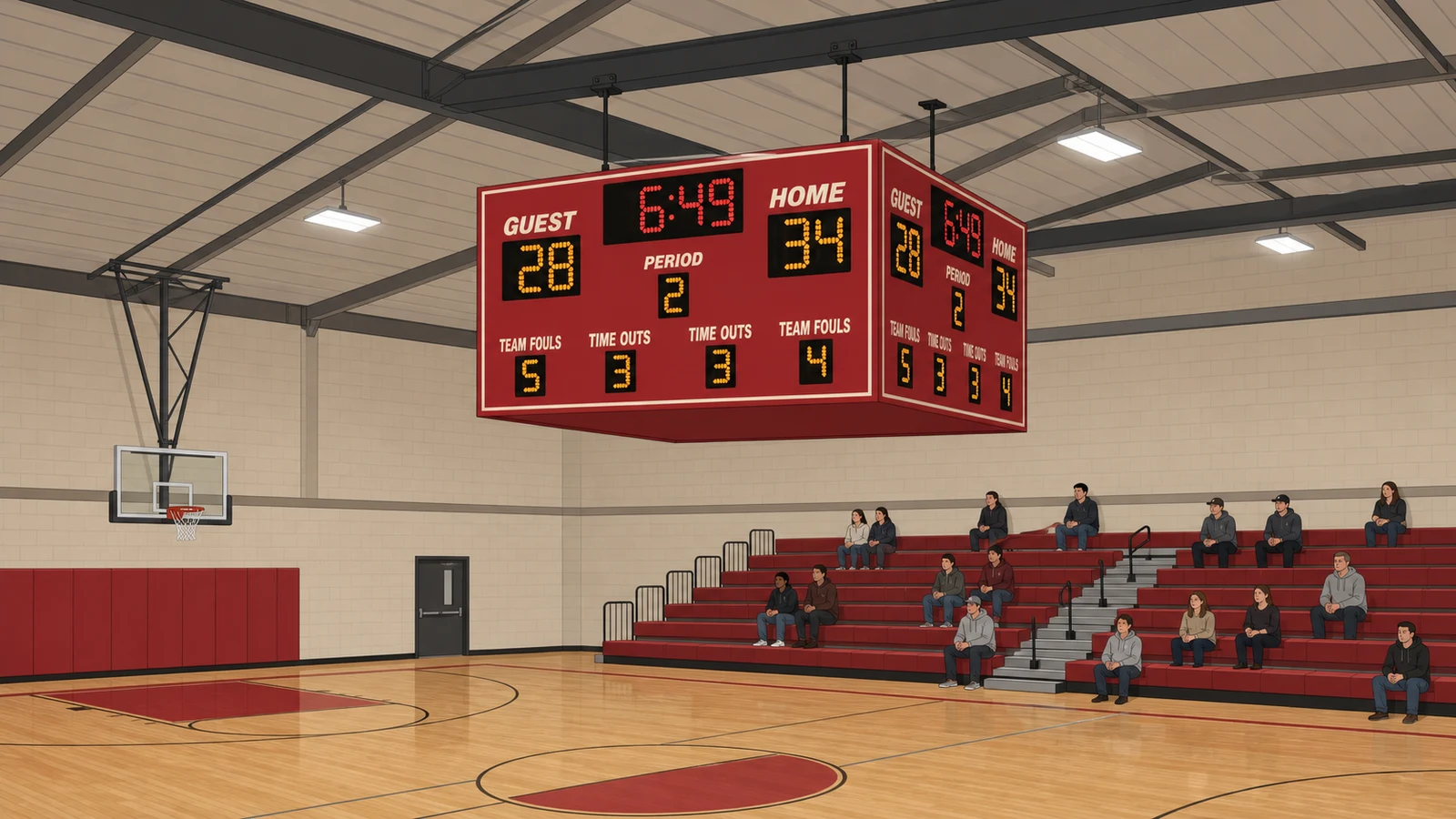 Four-sided center-hung LED scoreboard suspended over a multi-court arena