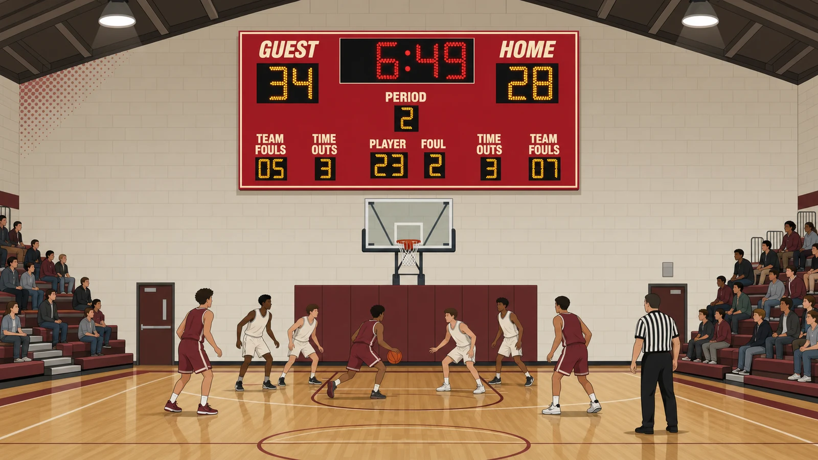 Indoor LED basketball scoreboard mounted on the end wall of a high school gymnasium during a live game