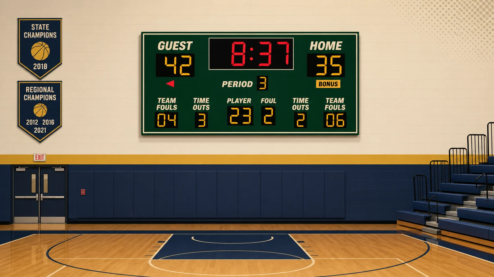 Basketball Scoreboard Features: Shot Clock, Player Fouls, Team Bonus, Period Timer