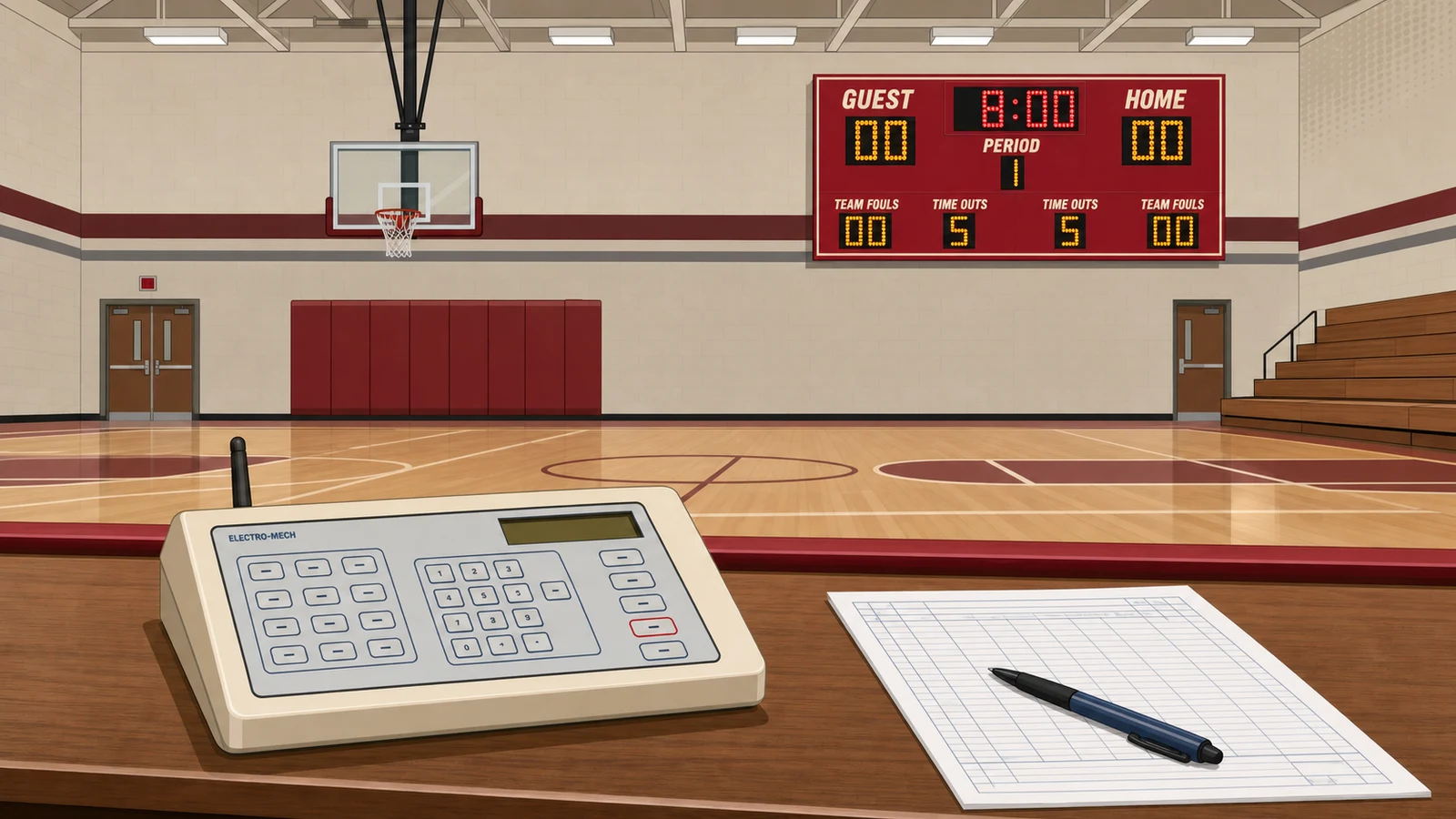 Wireless scoreboard control laptop at the scorer's table in a high school basketball gym