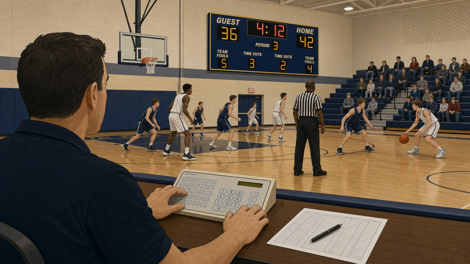 Shot clock operator at a scorers table in a basketball gymnasium managing the controller console