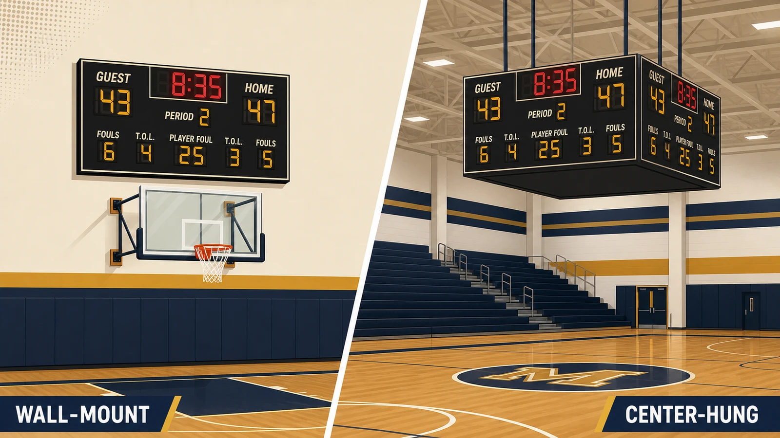 Wall-Mount vs Center-Hung Basketball Scoreboards: Which Fits Your Gym