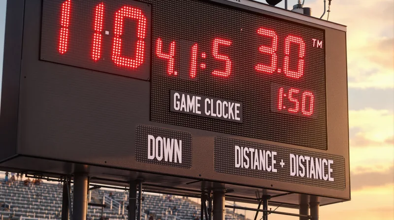 Close-up of an LED football scoreboard displaying game data including score, clock, and down and distance at a high school stadium