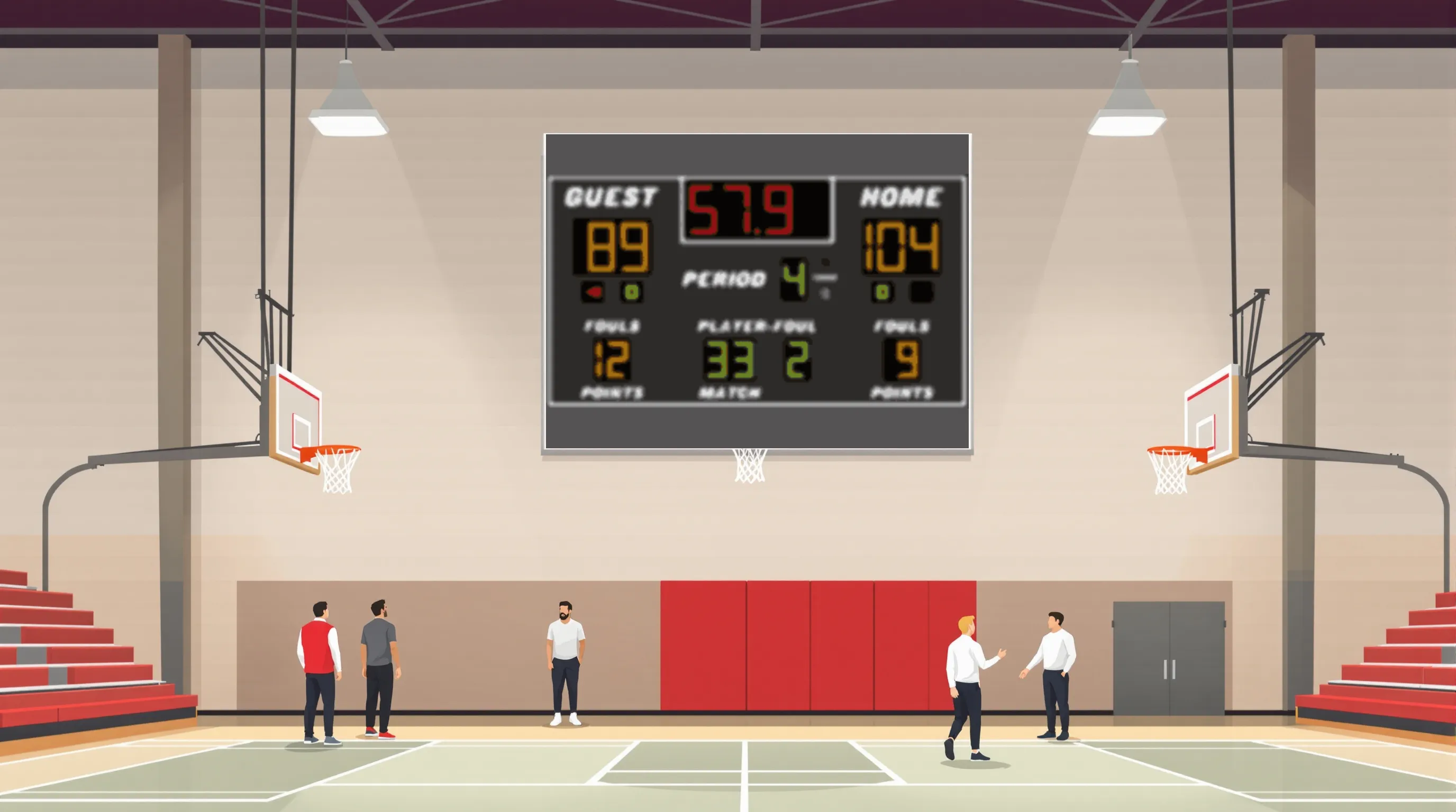 Small Kentucky high school gymnasium with two coaches near the bleachers and players warming up, a green scoreboard mounted high on the far wall.