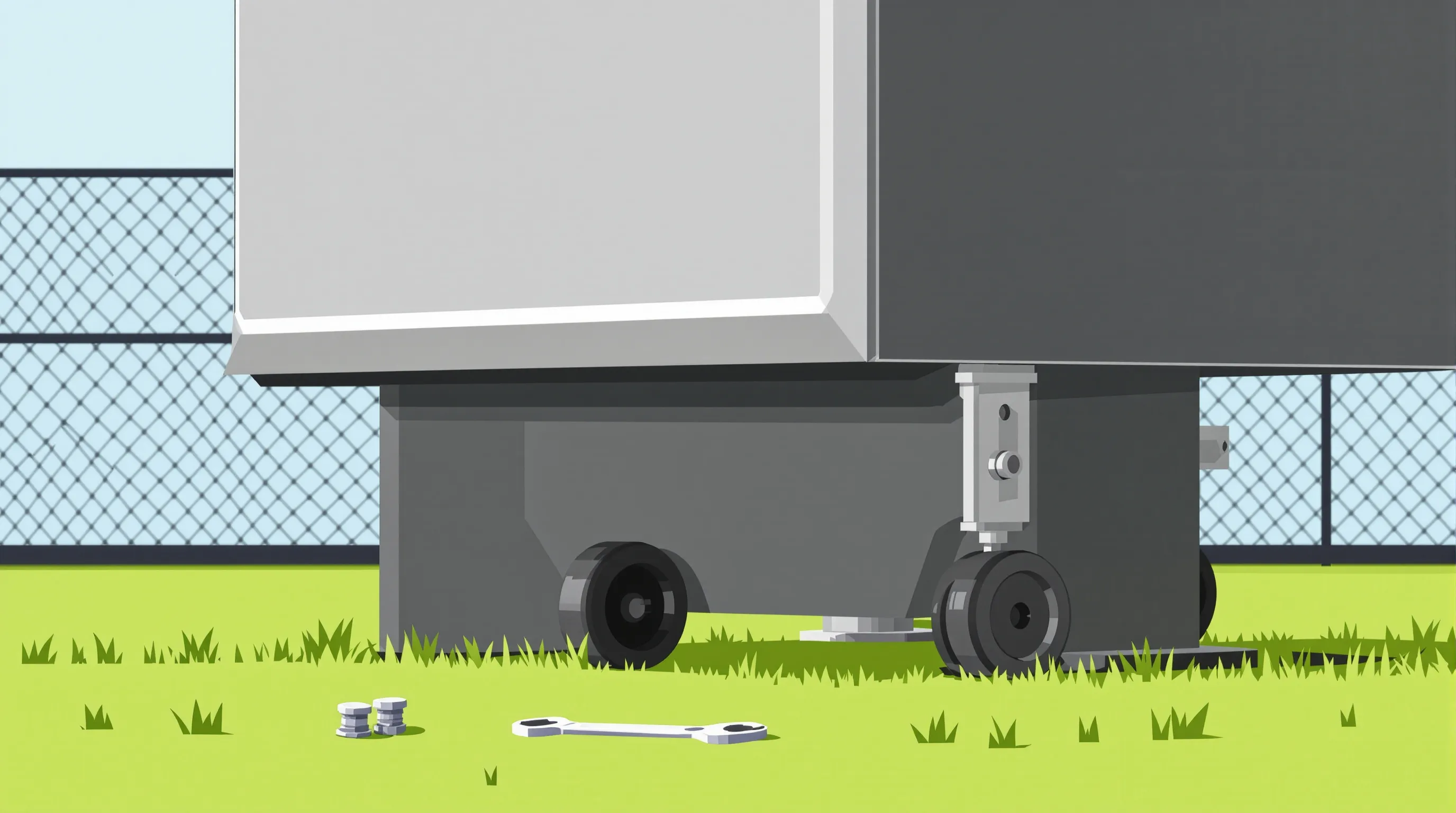 Wheeled leg kit bolted to the lower corner of a portable scoreboard cabinet standing on grass