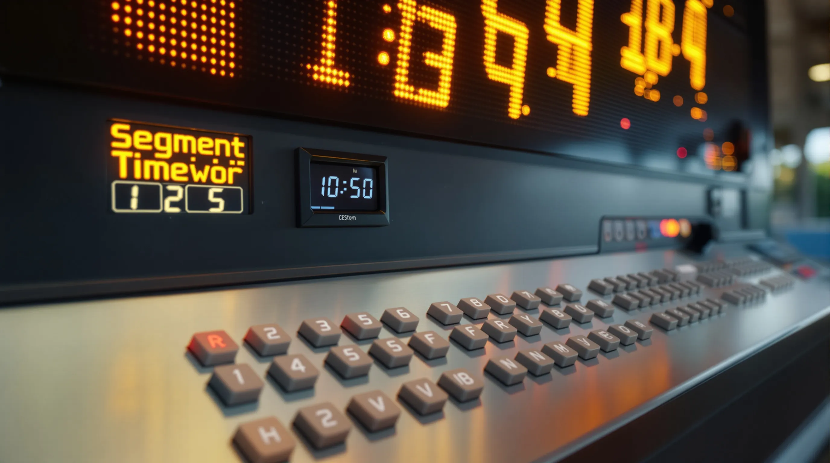Football scoreboard console keypad showing segment timer mode configuration screen with countdown display