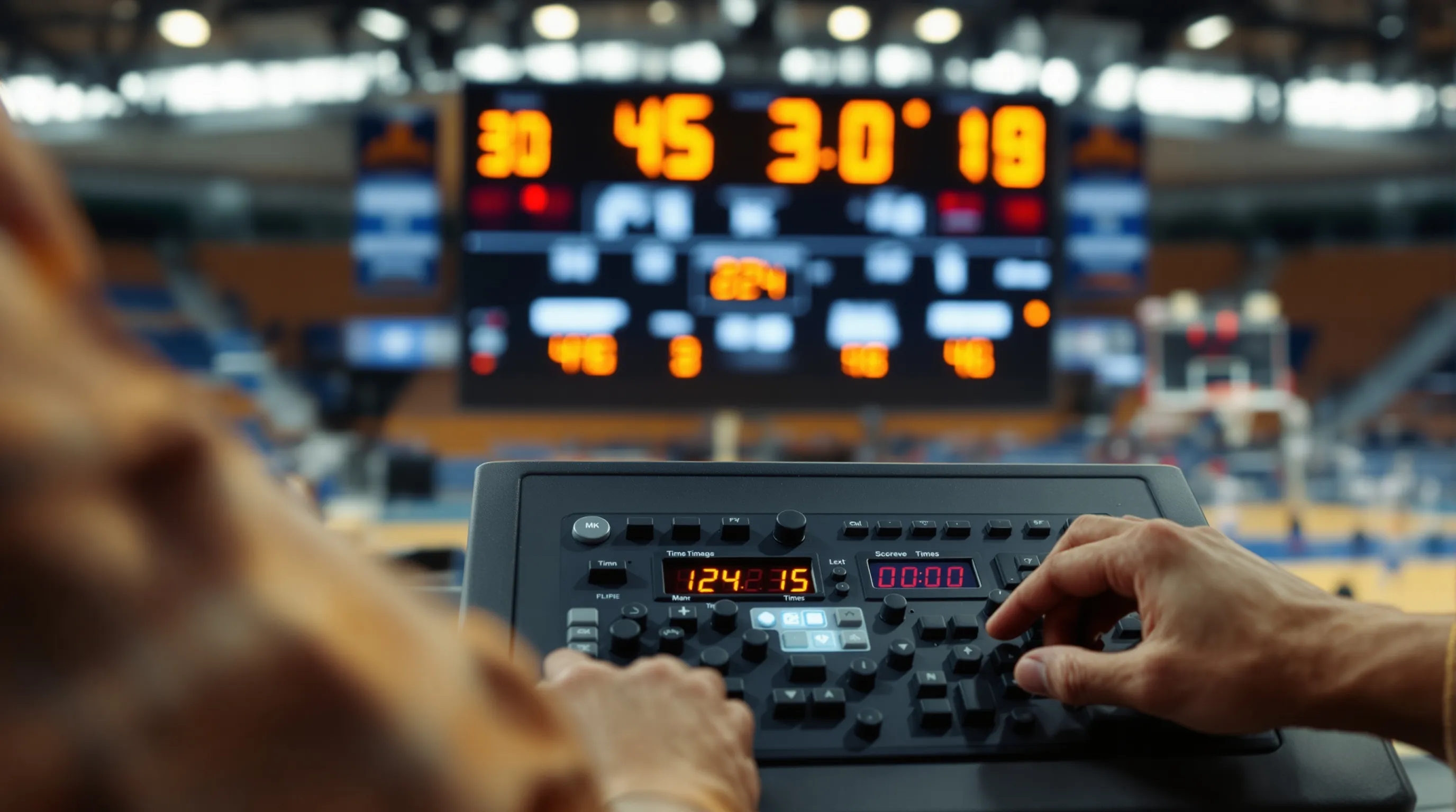 Scoreboard operator adjusting timing console settings in a college basketball gymnasium before a game
