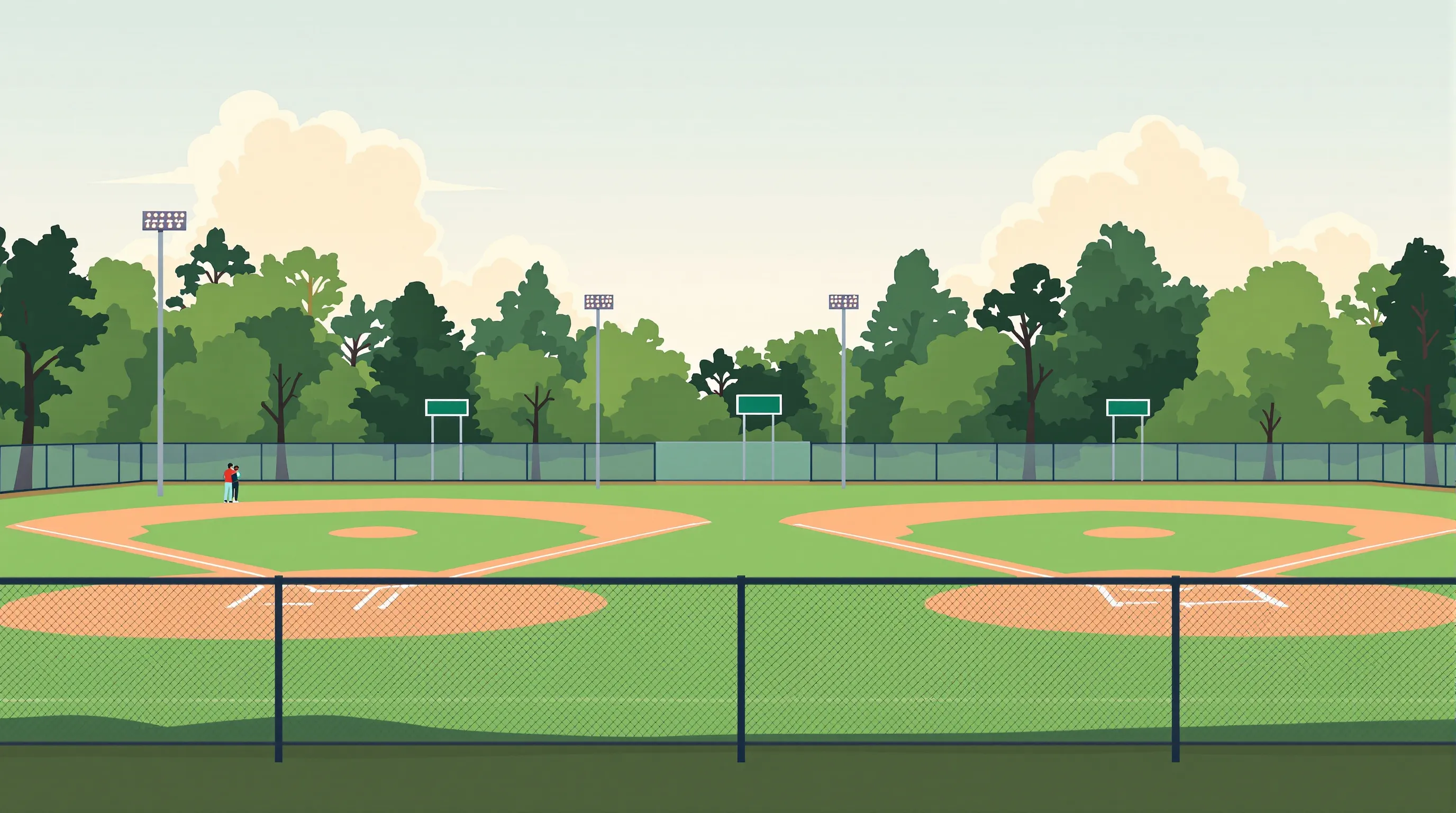 Flat 2D vector editorial illustration of four adjacent baseball diamonds in a municipal park, each with a distant forest-green scoreboard on steel poles beyond the outfield fence