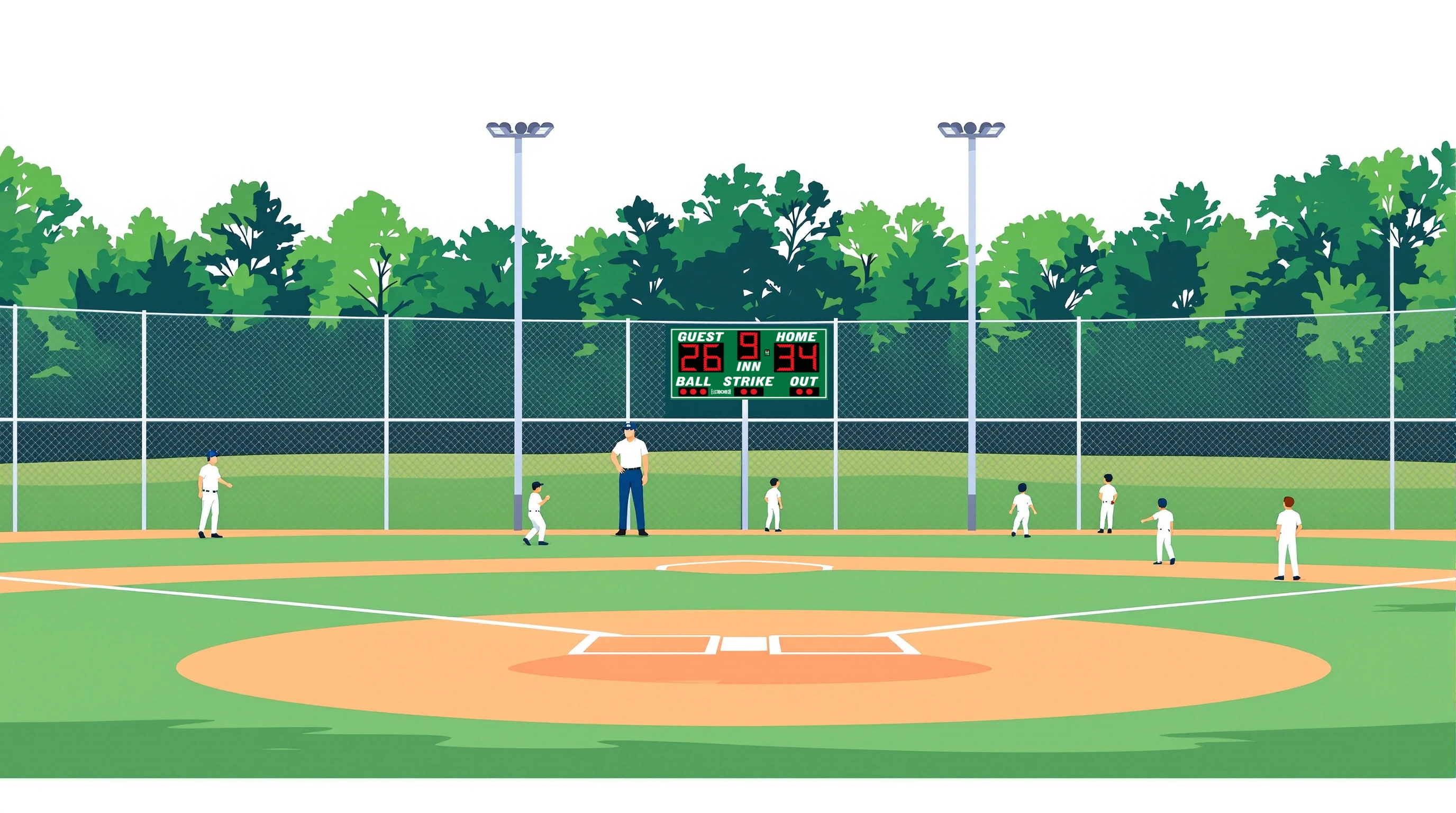 Flat 2D vector editorial illustration of four adjacent baseball diamonds in a municipal park, each with a distant forest-green scoreboard on steel poles beyond the outfield fence