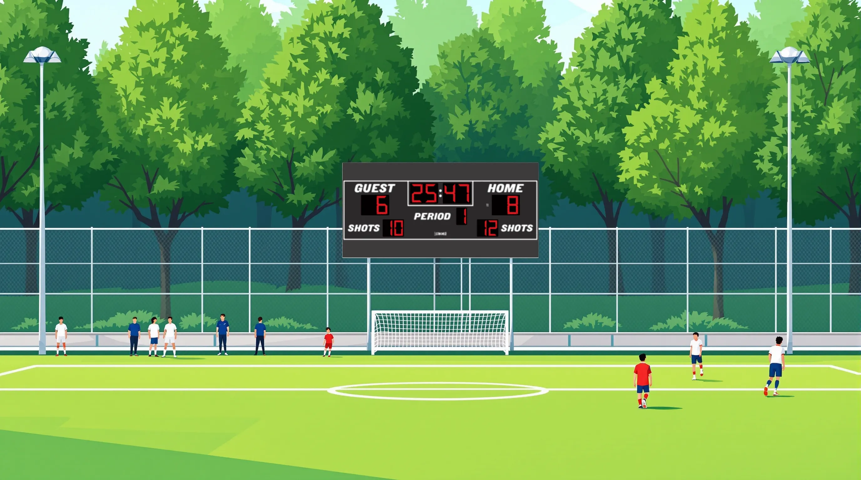 An outdoor soccer field with a scoreboard on two steel poles standing behind the goal, dark cabinet with red digits