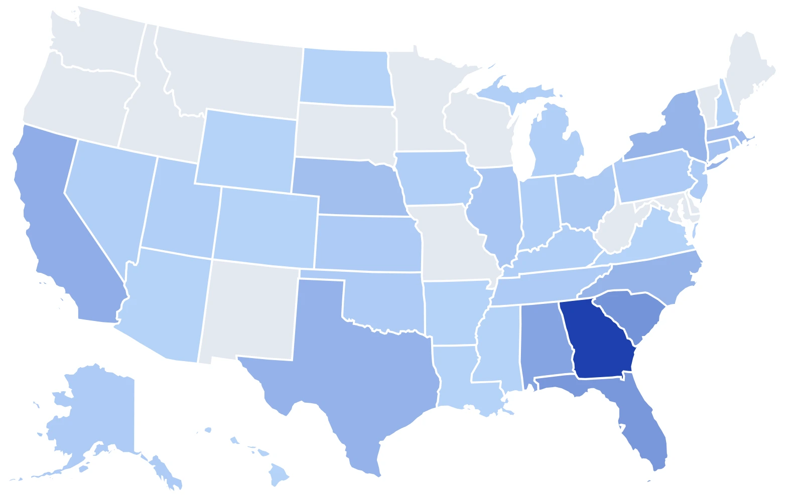 United States map shaded by the number of LX2160 records each state holds, Georgia darkest by a wide margin and fifteen states left blank
