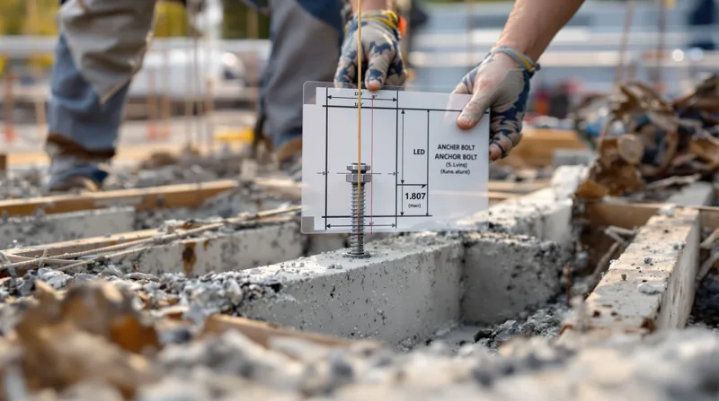Construction crew verifying anchor bolt alignment against manufacturer's foundation template at an outdoor scoreboard installation site