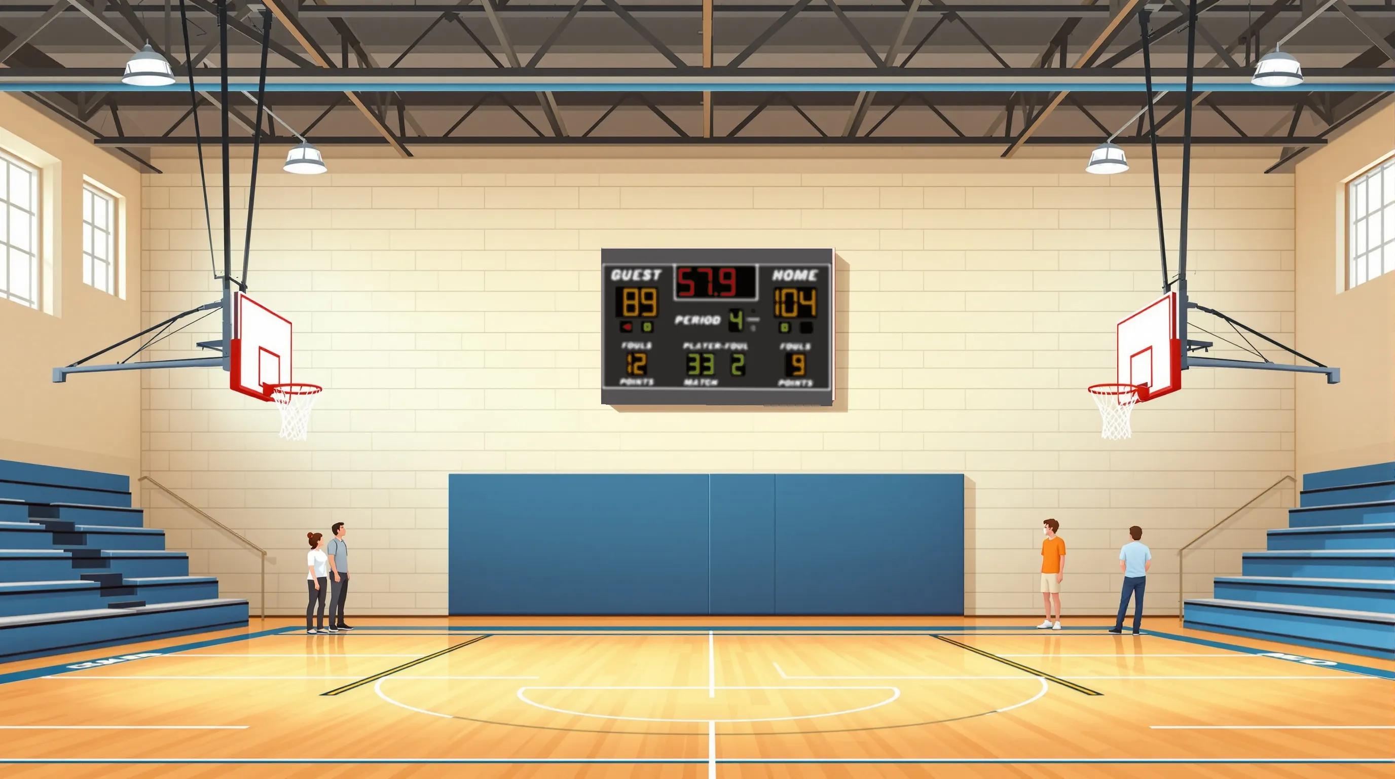A school gymnasium in South Carolina with an indoor basketball scoreboard mounted high on the end wall