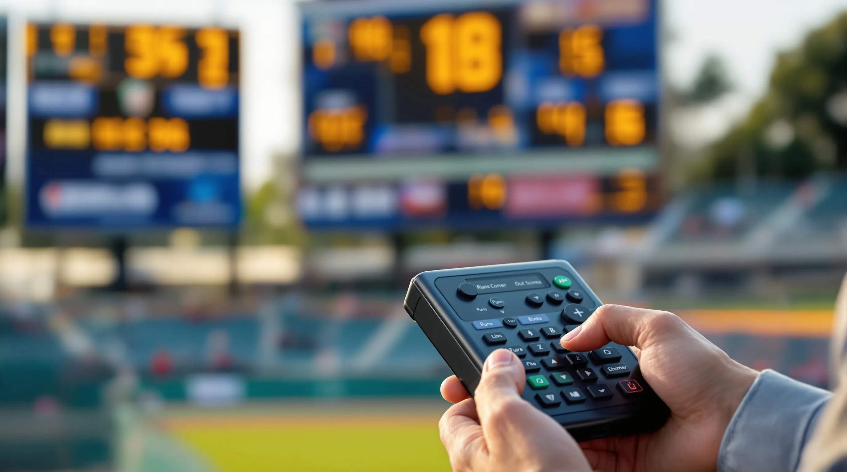 Wireless handheld controller used to operate a combined baseball and softball scoreboard from the field