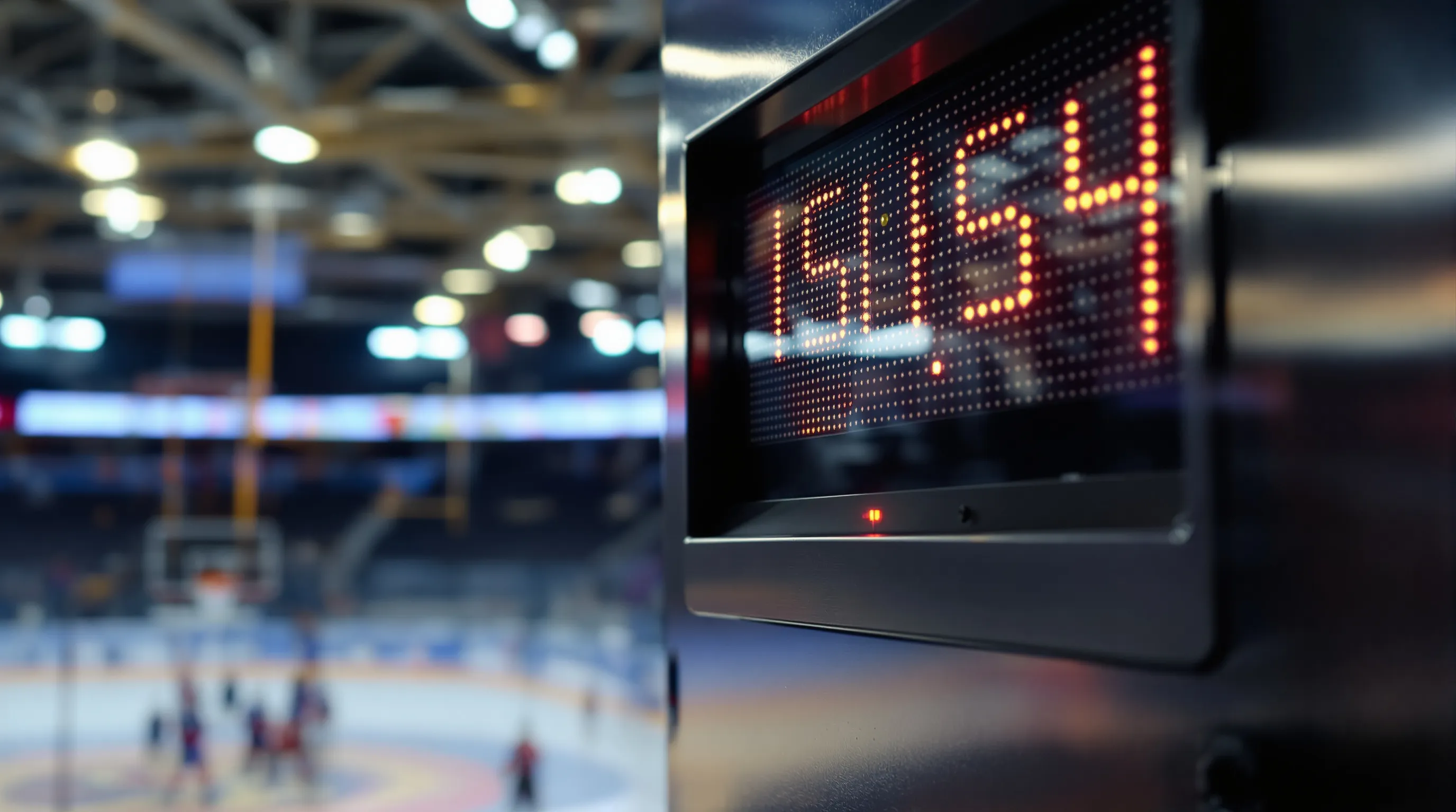Technician repositioning a wireless antenna on a hockey scoreboard control console inside a rink equipment room
