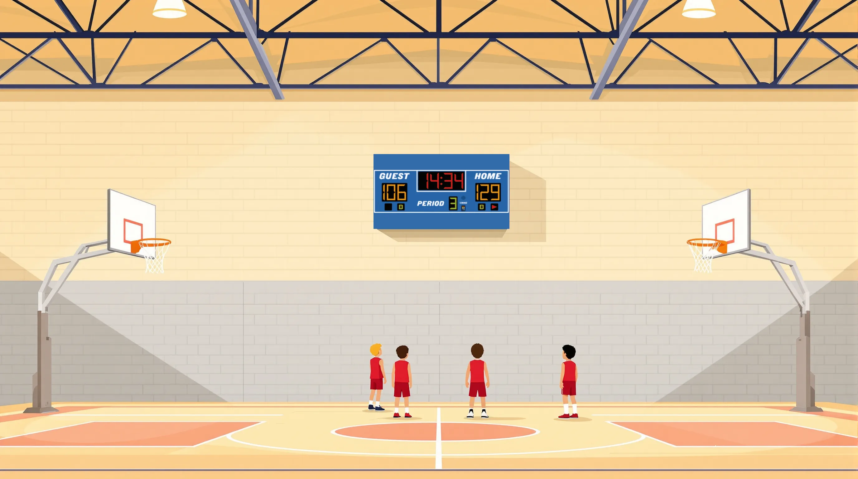 Flat illustration of a Fort Smith youth club gym with an LX2350 basketball scoreboard high on the far end wall and four young players on the court.