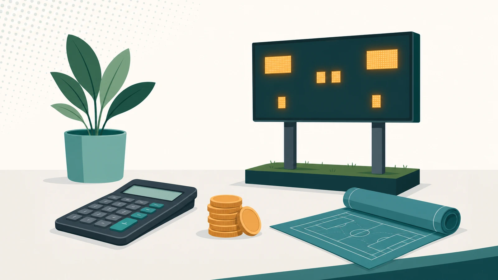 Illustration of budgeting for a football scoreboard: a calculator, a stack of coins, a blueprint, and a small scoreboard model on a desk