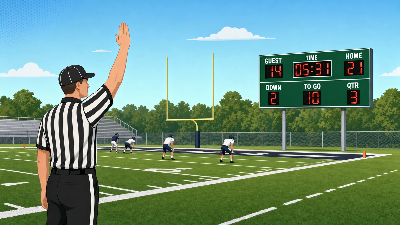 Football referee raising arm to signal ready-for-play on a high school football field
