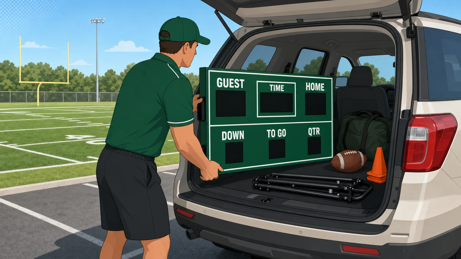 A portable scoreboard being folded down and loaded into a car trunk with team gear