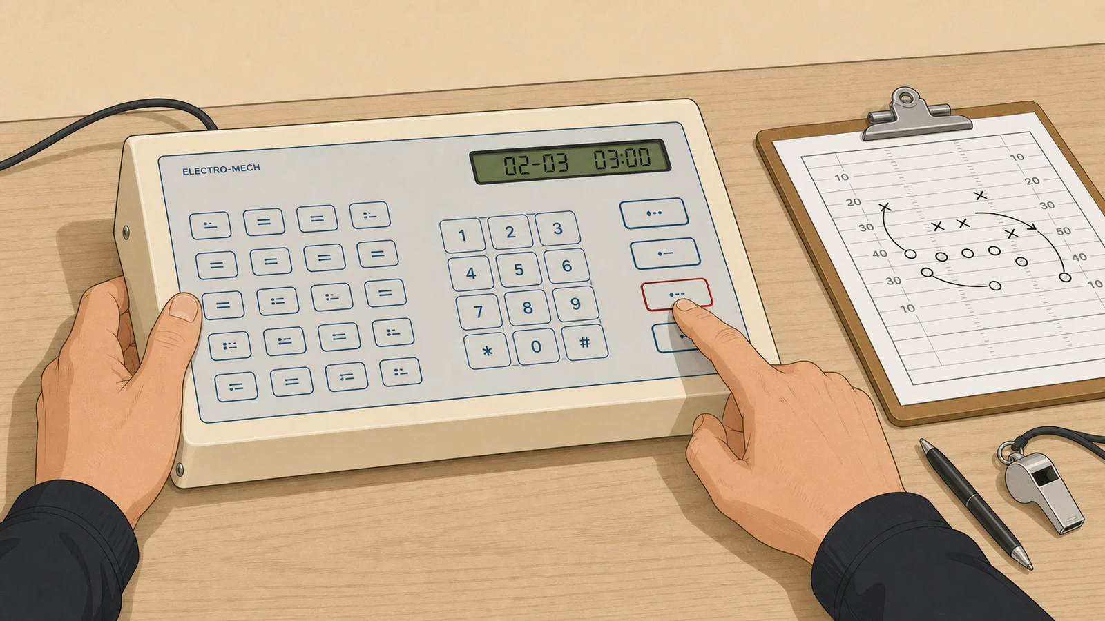 Football scoreboard console keypad showing segment timer mode configuration screen with countdown display