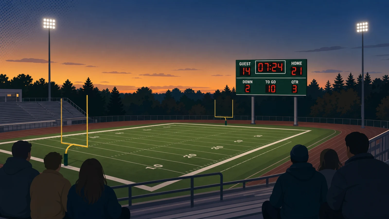 Illuminated LED football scoreboard displaying a score as viewed from home-side bleachers at dusk, illustrating how character height determines readability across stand depth