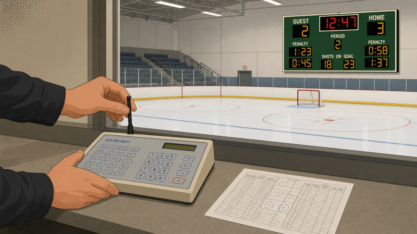 Technician repositioning a wireless antenna on a hockey scoreboard control console inside a rink equipment room