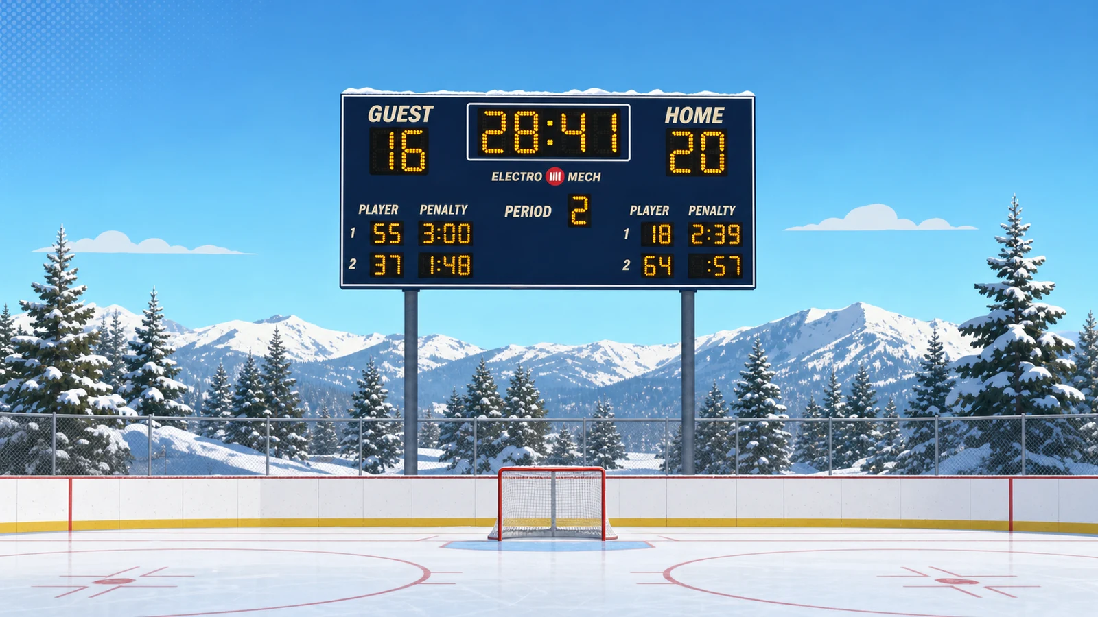 Weatherproof outdoor LED scoreboard on a freestanding structure showing bright daylight-readable digits