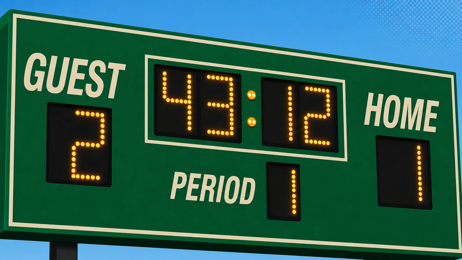 Close-up of LED soccer scoreboard showing score digits, count-up game clock at 43:12, and first-half period indicator