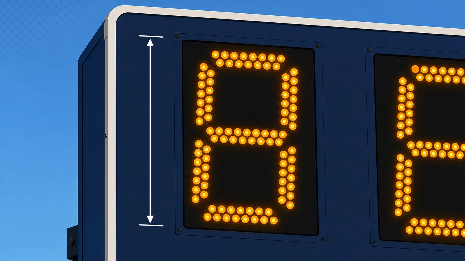 Close-up of large LED scoreboard digits showing how digit height drives readability across a soccer field