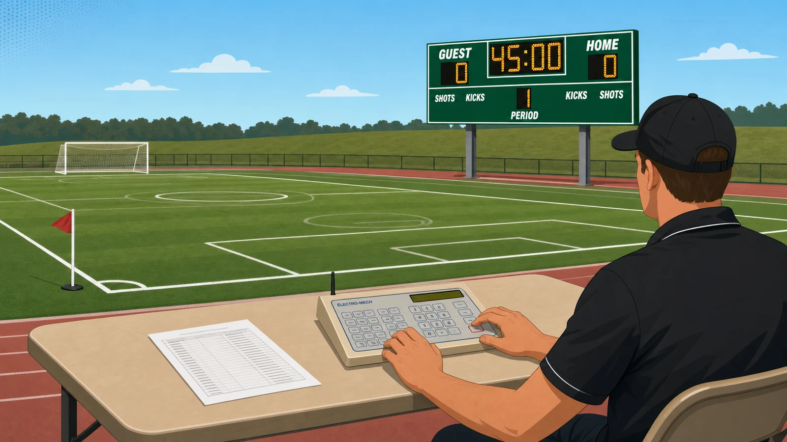 Scoreboard operator at a controller console on the sideline of a multi-use soccer and lacrosse field